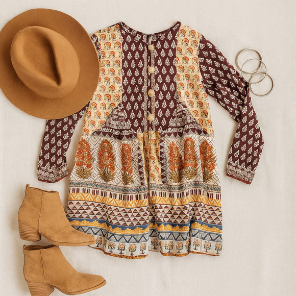 Khaadi Tops - Khaadi Cotton Pom Pom Long Sleeve Flare Tunic Boho Artisan Print | Women Size 8